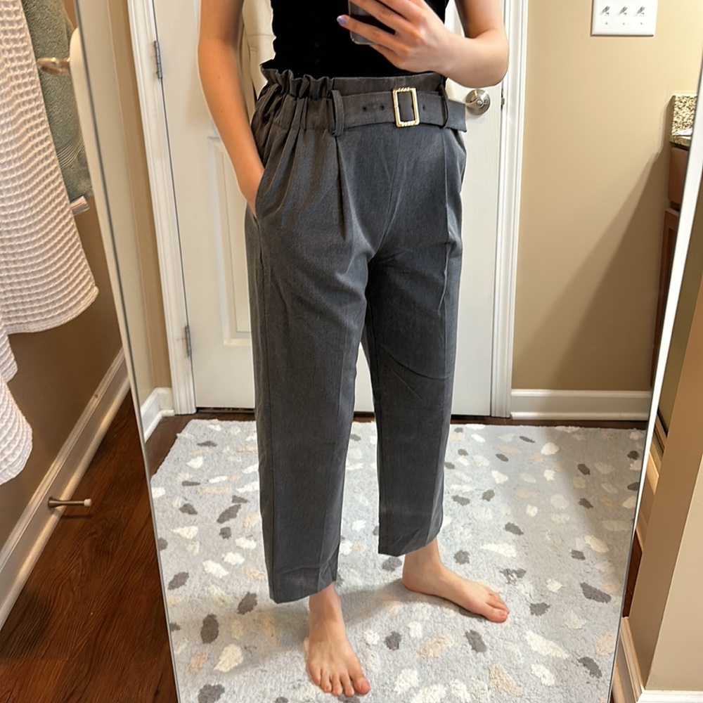 EUC DKNY tailored ruched paperbag high rise elastic waist pants with belt - Picture 2 of 13